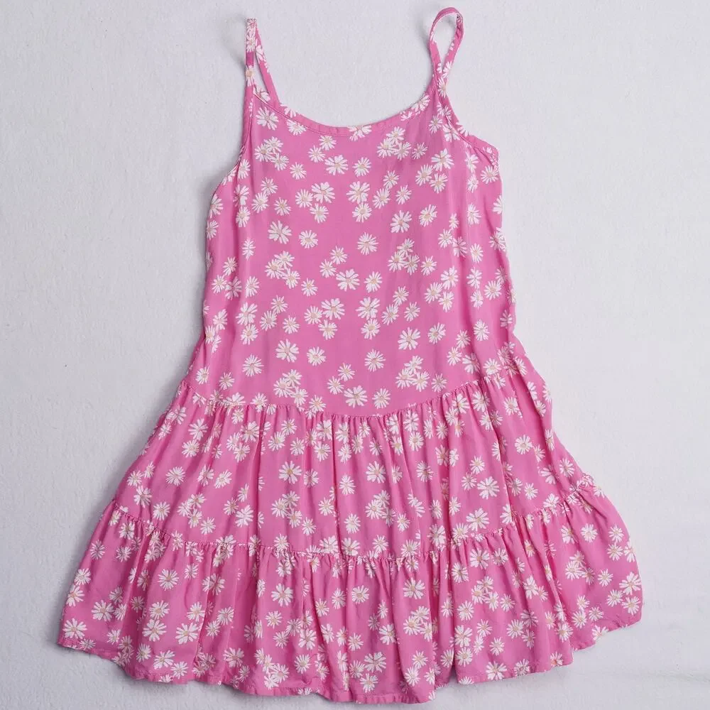 Jumping Beans Girls Sundress Pink White Daisy Print Tiered Rayon Size 7